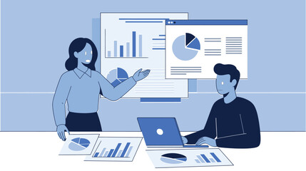 Two business individuals reviewing charts and data, with a woman presenting information and a man working on a laptop in a corporate environment