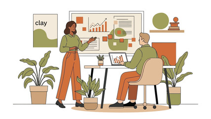 Businesswoman presents data analysis on large screen to male colleague using laptop illustrating corporate meeting financial report and planning in office environment