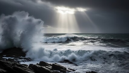 Dramatic view of ocean waves crashing against rocky shore under a dark stormy sky with sun rays shining through.