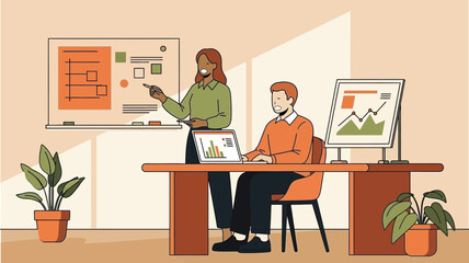 Business professionals collaborating in office, woman explains financial data on whiteboard to male colleague working on laptop, presenting business growth