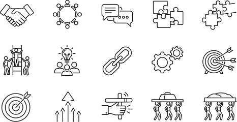 Collection of business related line icons representing concepts like teamwork communication partnership and success on a transparent background