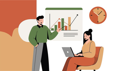 Business professional presenting bar chart with upward trend to colleague working on laptop in modern office, illustrating financial growth and market strategy development