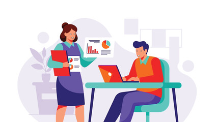 Female business analyst presenting data charts and reports to male colleague working on laptop, demonstrating financial performance and strategic planning in office environment