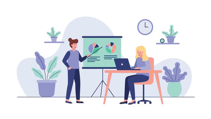 Business executive presenting company's financial results and strategic plans using visual aids to colleague working on laptop in a corporate office environment