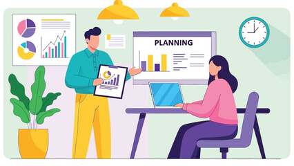 Two business colleagues planning strategy and analyzing charts on presentation board in modern office, financial graphs and data analysis during business meeting