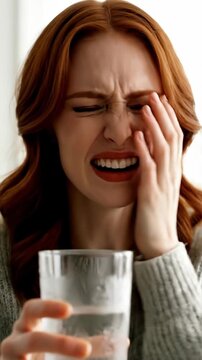 Woman suffers from tooth pain while drinking cold water, an oral health problem causing discomfort