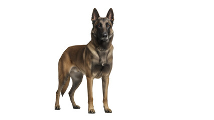 Alert Belgian Malinois dog standing full body shot isolated on white showcasing its muscular build and attentive gaze