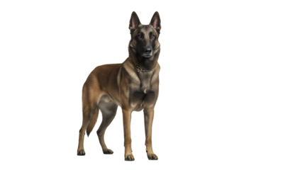 Alert Belgian Malinois dog standing full body shot isolated on white showcasing its muscular build and attentive gaze