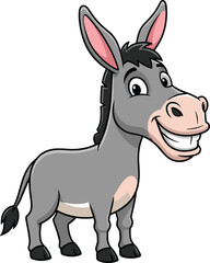 Cartoon donkey character smiling with cheerful expression, friendly farm animal, flat vector illustration for kids, education, humor, mascot