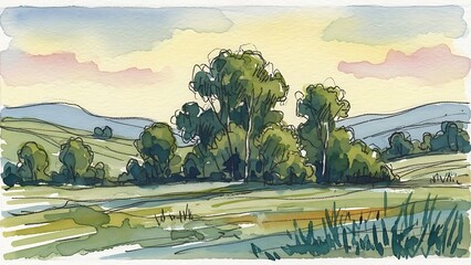 Peaceful watercolor landscape painting of rolling hills and lush trees under a pastel sky, perfect for adding a touch of nature to any project