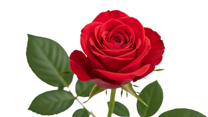 Single red rose with green leaves on black background flower bloom