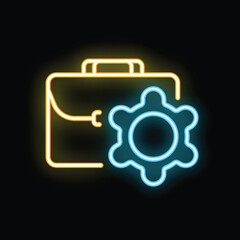 Glowing neon icon of a briefcase with a gear, symbolizing ongoing work or projects
