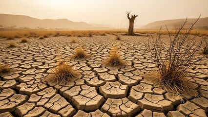 Arid Landscape with Cracked Earth and Sparse Vegetation under a Hazy Sky evoking a Sense of Environmental Concern