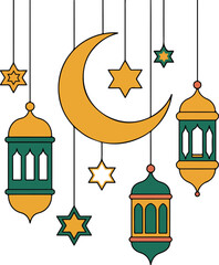 Crescent moon stars and Ramadan lanterns hanging in a festive Islamic decoration vector.