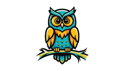 Obraz premium Cute Teal Owl Perched on a Branch Cartoon Style.