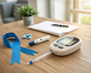 Glucometer and Blue Ribbon for World Diabetes Day Awareness