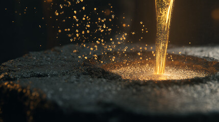 Bright golden molten metal pours into textured mold, scattering droplets. A vivid moment of industrial transformation and elemental intensity in metalworking.