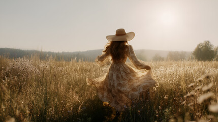 Figure in flowing dress and wide-brimmed hat walks through tall grass. Warm light, wildflowers, and soft landscape evoke peace, freedom, and nature’s embrace.