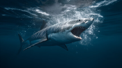 Powerful shark glides through deep ocean with jaws open. Bubbles and light reflections evoke predatory energy, marine tension, and dramatic underwater motion.
