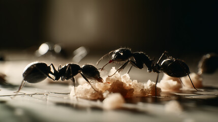 Detailed view of ants interacting with food crumbs. Sharp focus on body segments and antennae highlights teamwork, texture, and natural foraging behavior.