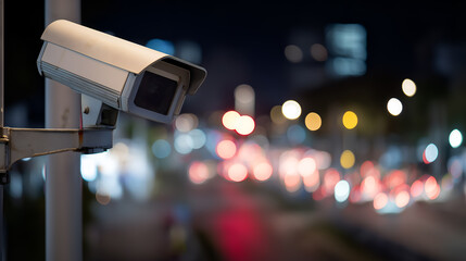 Close-up of surveillance camera angled over urban street. Colorful bokeh lights evoke public safety, traffic monitoring, and modern city infrastructure.