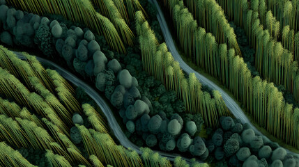 Top-down view of curved road cutting through tall bamboo trees in lush forest. Ideal for editorial, nature, environmental, seasonal, or conceptual storytelling photography themes.