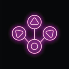 Neon pink glowing organisation chart is featuring play, backwards, and forward buttons, suggesting a hierarchical structure with navigational elements