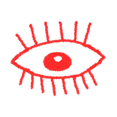 Drawing made by a kid, Hand drawn Red eye sketch of chalk or crayon on transparent background. 