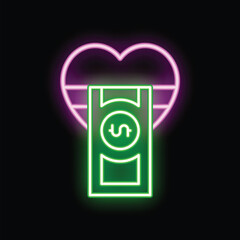 Neon sign depicting a green dollar bill partially covering a pink heart shape, symbolizing the complex relationship between love and money