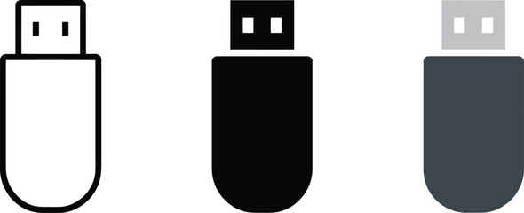 Usb drive vector icon set in outline silhouette and flat design styles on transparent background