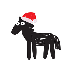 Funny silly horse in Santa Claus hat. Child drawing scribble. Christmas design. Year of the horse.