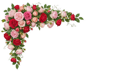 Red and pink roses floral arrangement corner accent with green leaves flower bouquet