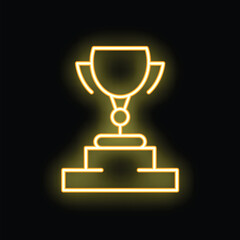 Bright yellow neon glowing trophy cup standing on a podium