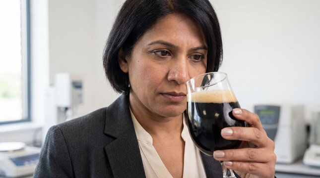 Woman Smelling Dark Beverage in Glass - Powered by Adobe