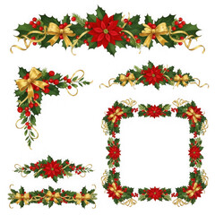 Naklejka premium Decorative christmas holly poinsettia set isolated on transparent background