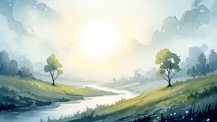 Dreamy watercolor landscape with winding river and sunlight, perfect for serene backgrounds and creative projects, invoking peace and tranquility