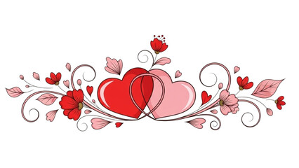 Two Intertwined Hearts with Red and Pink Flowers and Swirls love romance