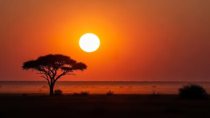 A breathtaking silhouette of an acacia tree and sun against a vibrant orange African sunset.