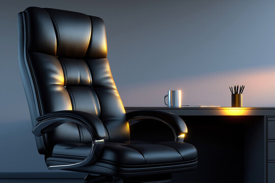 Stylish black office chair in modern workspace with desk and lighting