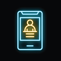Neon icon of smartphone showing online user profile, glowing on dark background