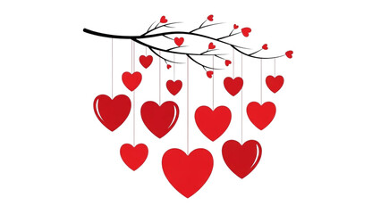 Red hearts hanging from tree branches on black background love romance