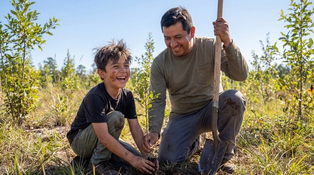 Happy Father and Son Planting Tree Outdoors