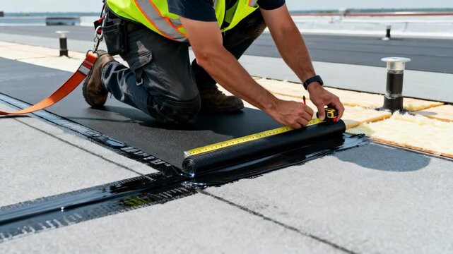 View of a contractor inspecting the overlap of rubber roofing membranes highlighting precision in applying thermalresistant flat roof materials.