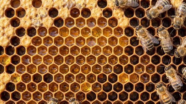 Honeycomb with Bees, Honey, and Pollen