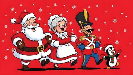 Marching Christmas Characters on Red with Snowflakes