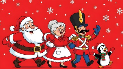 Marching Christmas Characters on Red with Snowflakes