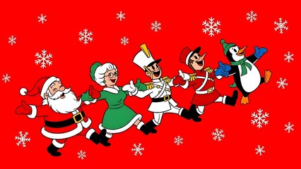 Marching Christmas Characters on Red with Snowflakes