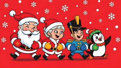 Marching Christmas Characters on Red with Snowflakes