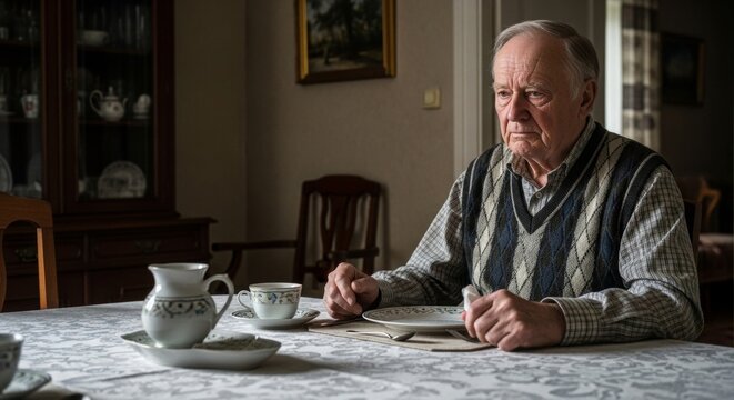 An elderly man sits at a dining table with a serious expression, holding a napkin. An empty plate, cups, and a pitcher are on the patterned tablecloth. Home interior.
