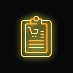 Obraz premium Bright yellow neon shopping list icon glowing on a dark background